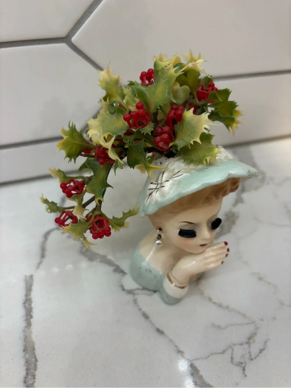 Vintage Inarco 1963 Lady Head Vase with original plastic flowers